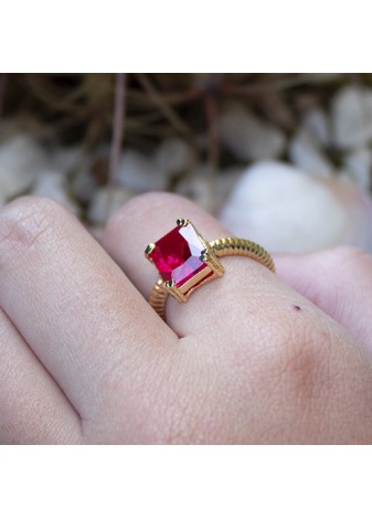 Anillo en Plata Ann Octógono Rubí Sintético Gold