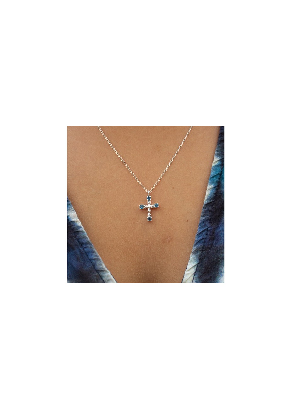 Colgante Cruz Bolas y Cadena con Topacio Blue London Silver