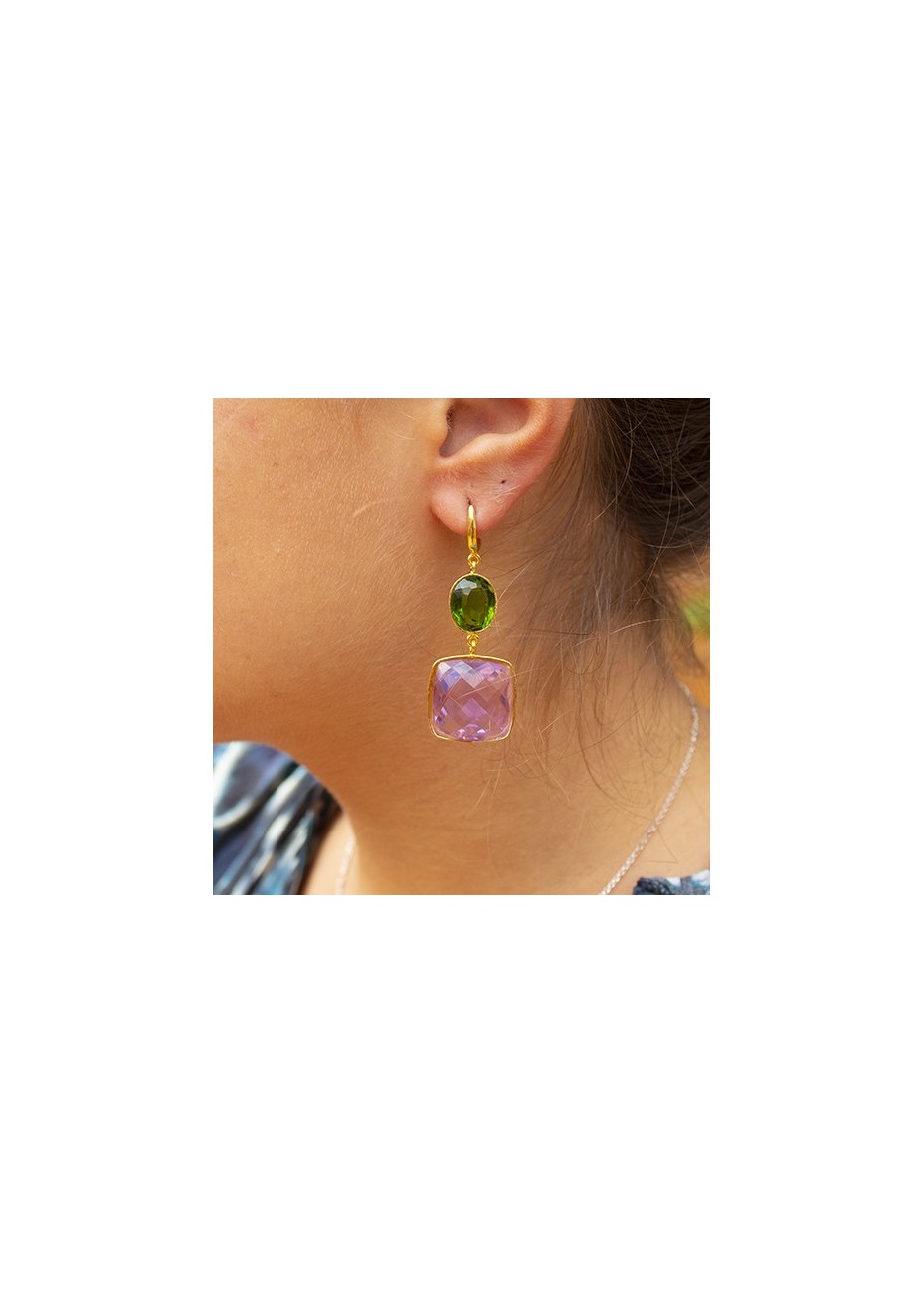 Pendientes en Plata Haly  18 Esmeralda y Amatista Gold