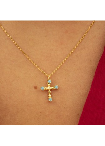 Colgante Cruz Bolas y Cadena con Turquesa Cabujón Gold