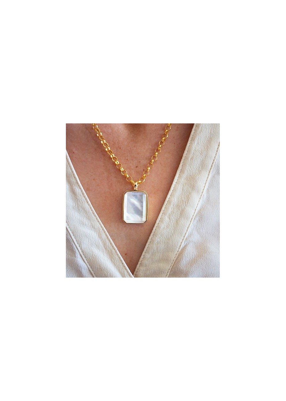 Colgante en Plata Madreperla Blanca y Cristal de Roca Octógono 20x14mm